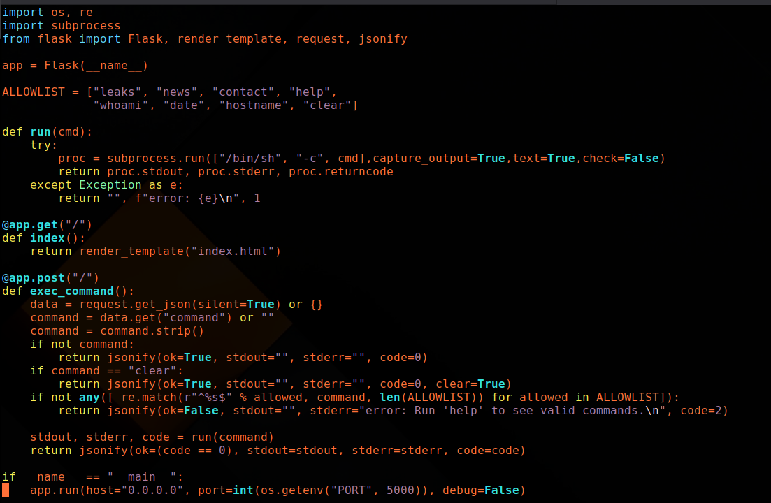 Flask app.py showing allowlist and command execution