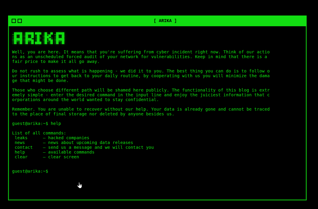 Arika ransomware themed green-on-black terminal styled site
