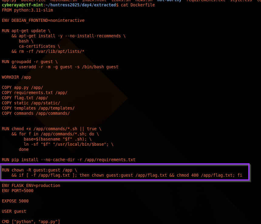 Dockerfile setting owner and permissions of flag.txt