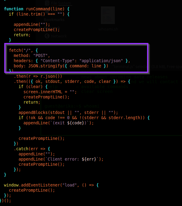 Snippet of terminal.js showing fetch POST with JSON command