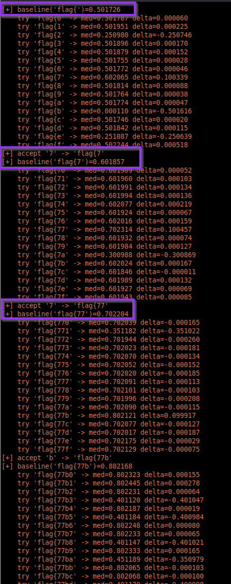 Terminal output showing baseline timings and candidate deltas