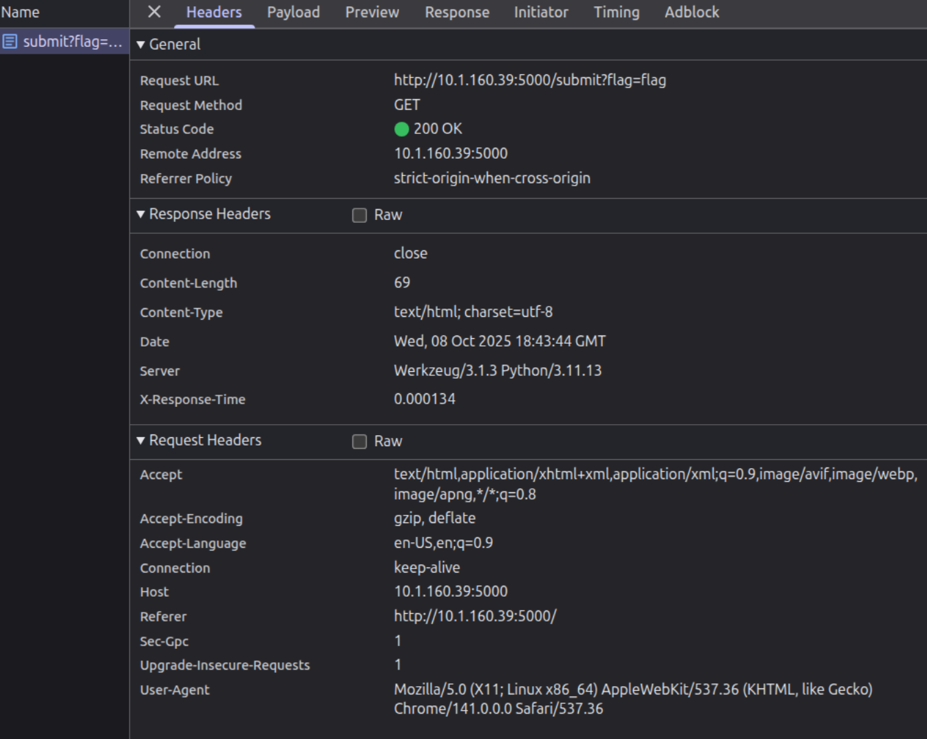 DevTools headers showing missing X-Forwarded-For