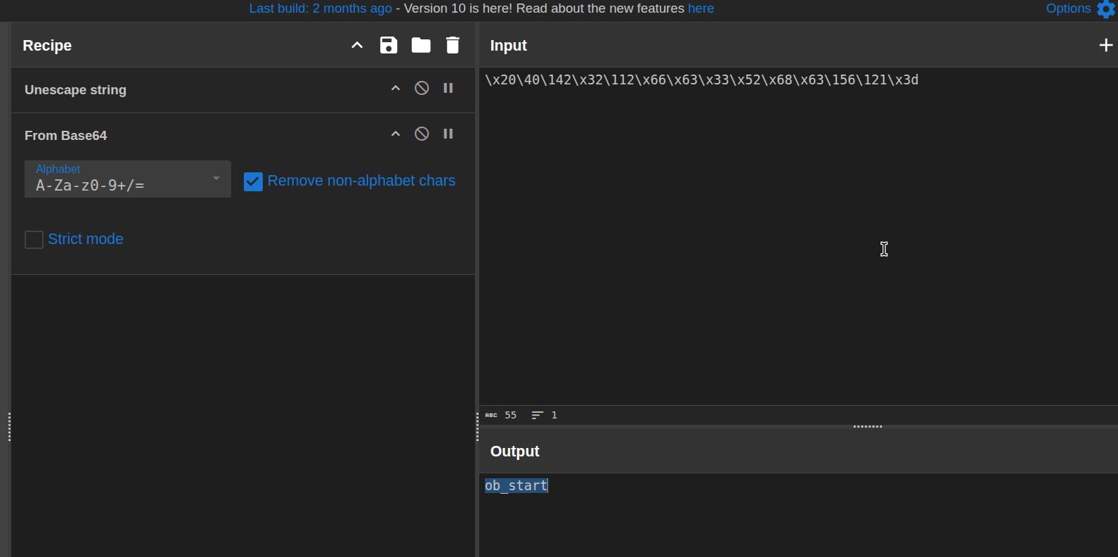 CyberChef screenshot showing unescape string and Base64 decoding