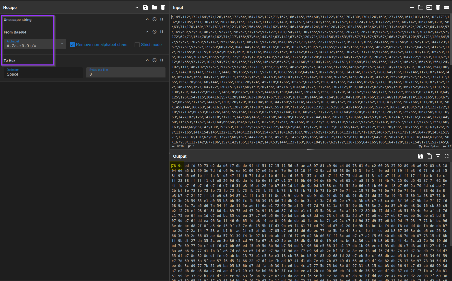 Hex view showing 78 9C zlib magic bytes