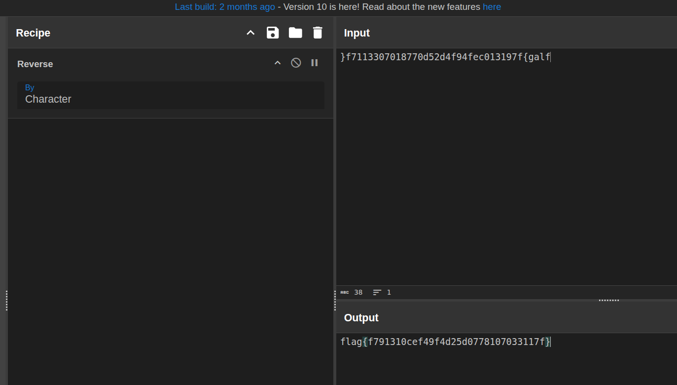 CyberChef reverse operation applied to the suspected flag
