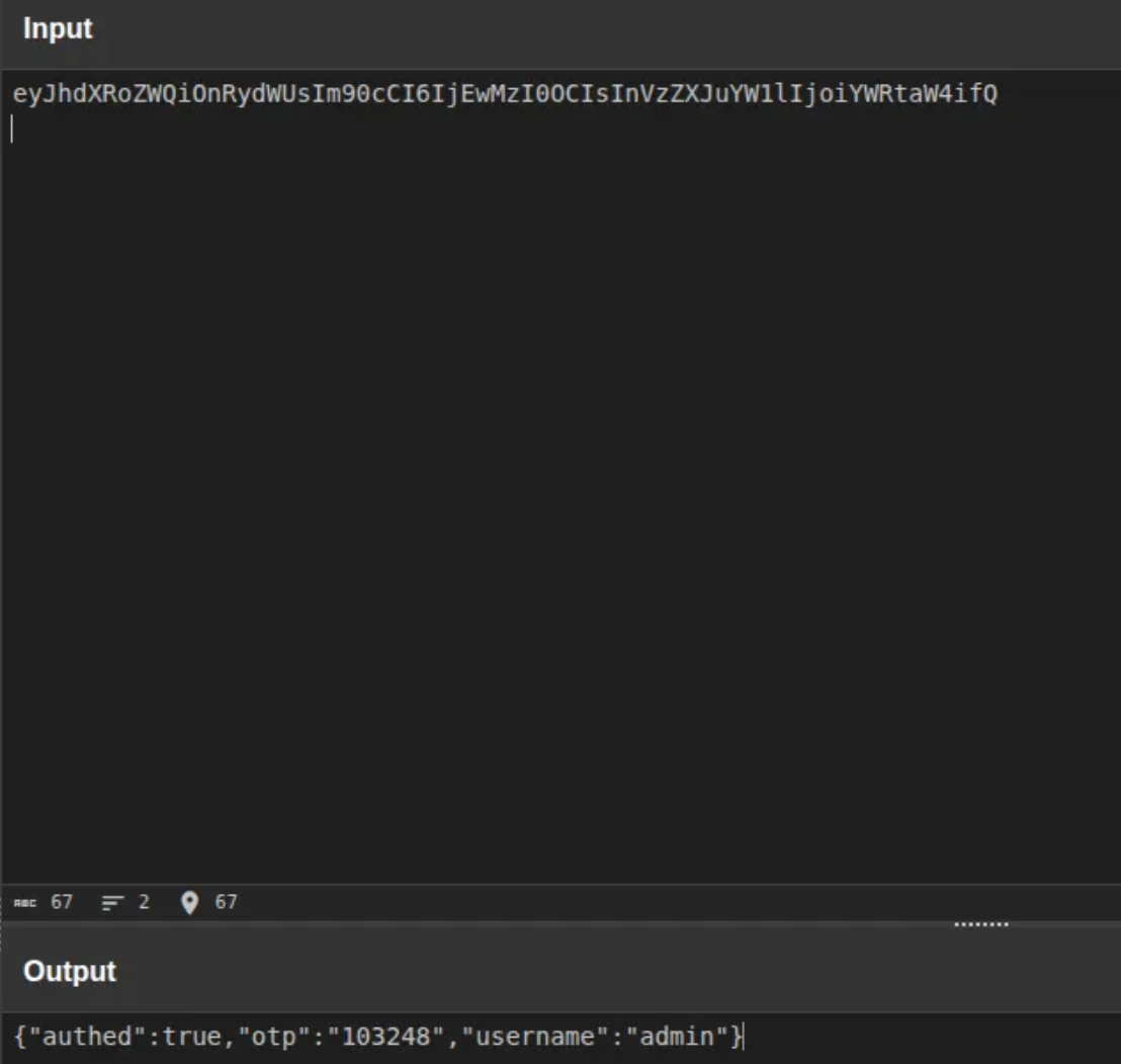 Decoded Base64 cookie showing an OTP value