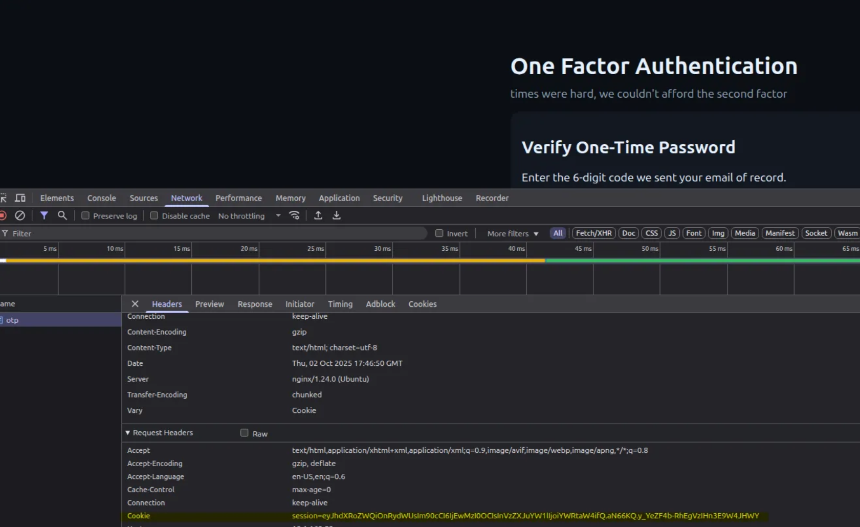 Developer tools showing a session cookie set by the /otp endpoint
