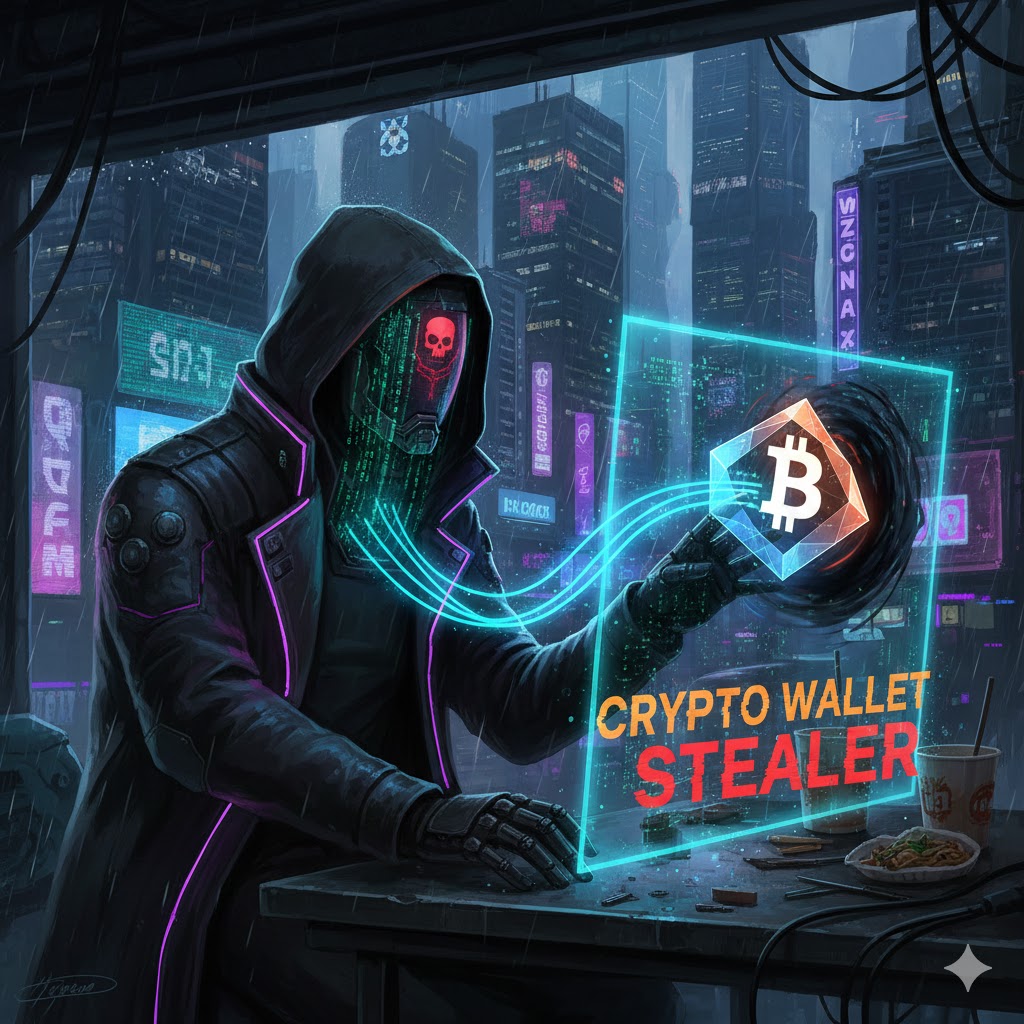 Stylized image representing malware targeting crypto wallets