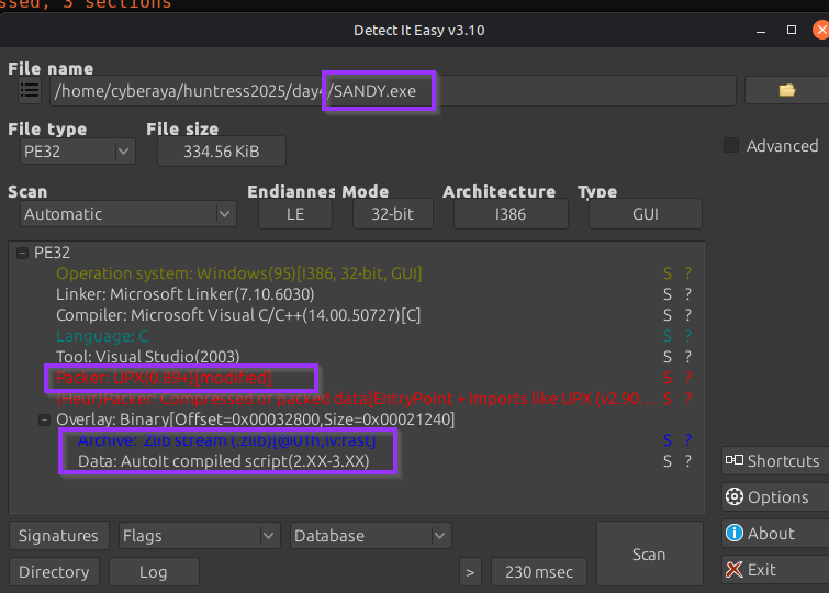 Detect-It-Easy showing SANDY.exe packed with UPX and AutoIt