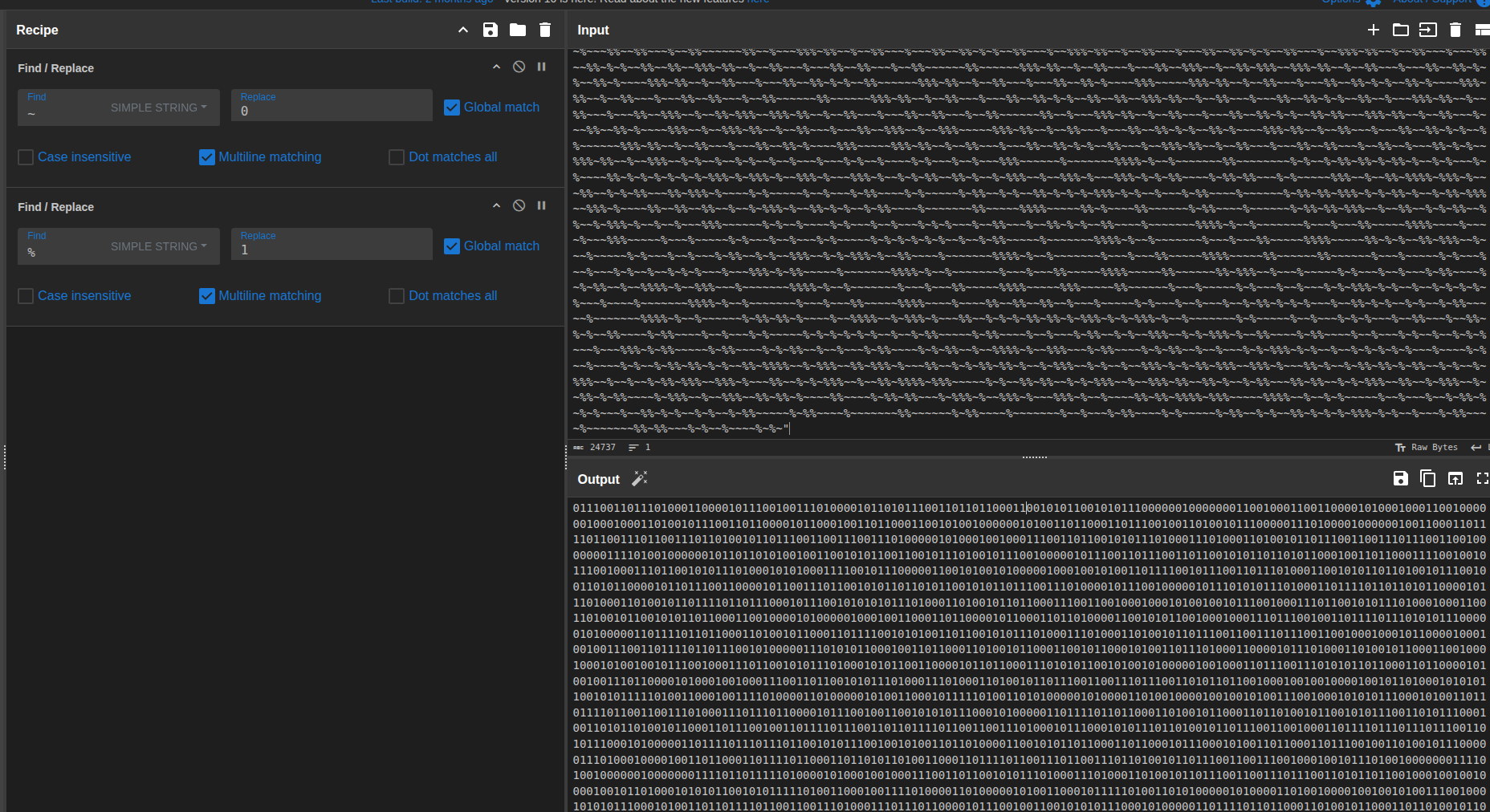 CyberChef recipe replacing ~ and % with 0 and 1