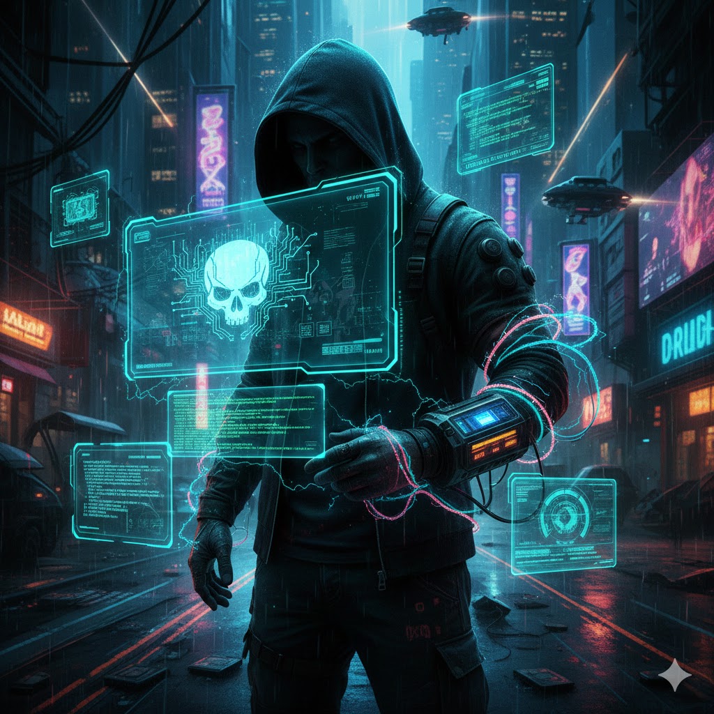 Cyberpunk-themed image of a person coding on a laptop