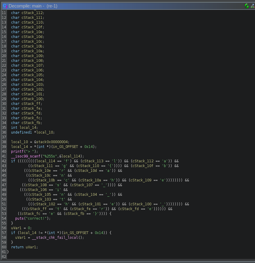 Ghidra showing scanf call reading up to 255 bytes