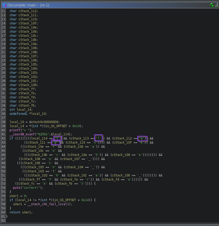 Ghidra showing the character-by-character comparisons spelling out the flag